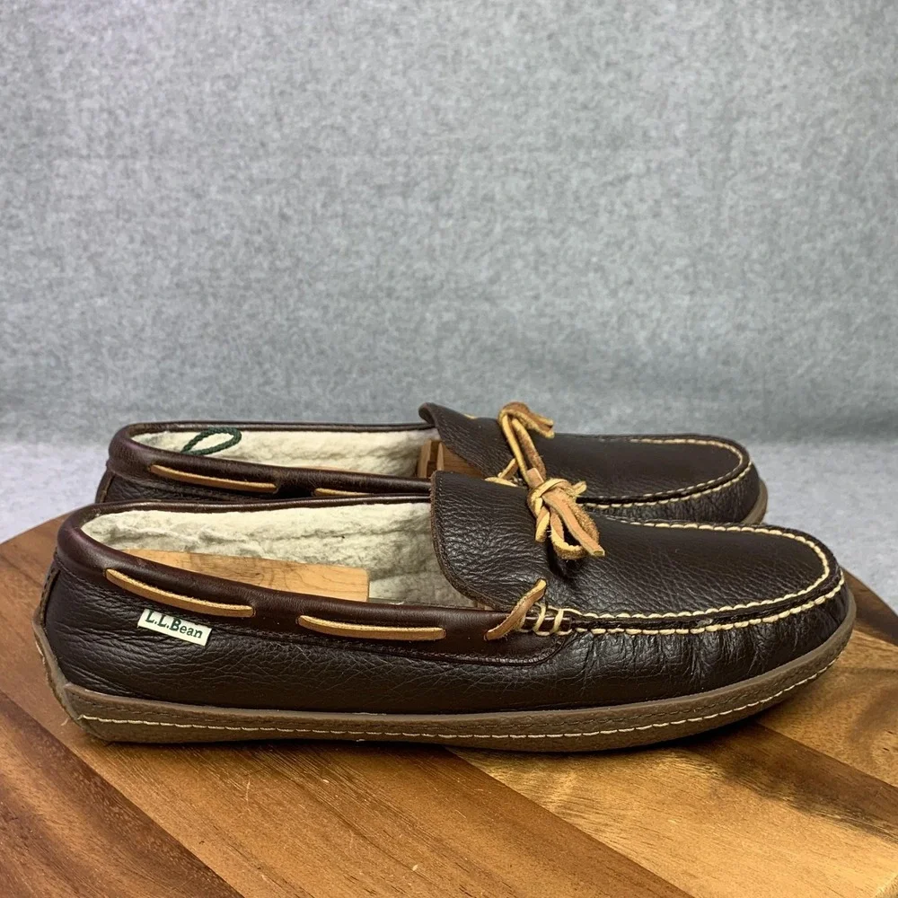L.L. Bean Shoes Mens 11 Brown Leather Moccasin Fleece Lined Slippers Boat Preppy